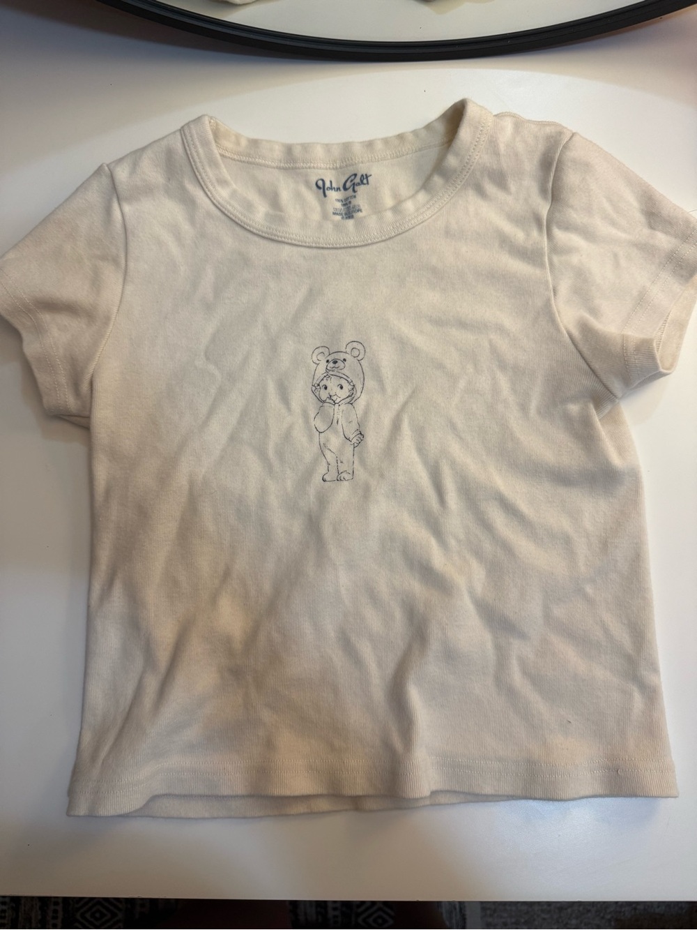 Brandy Melville Cream Short-Sleeve Tee with Bear Sketch